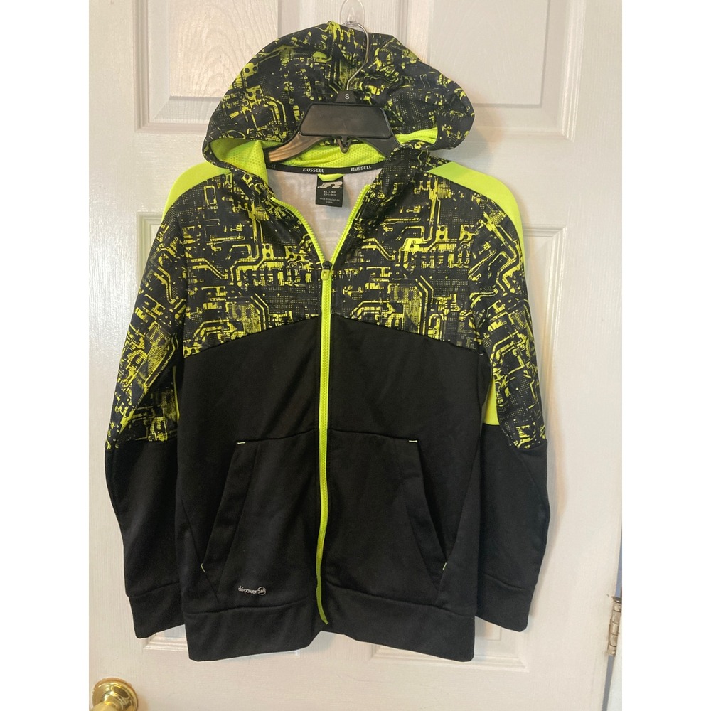 Russell Boys Dri-Power 360 Full Zip Hoodie Black Neon Yellow Graphic XL 14-16